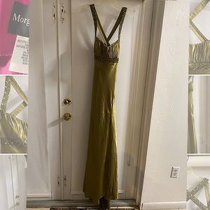 Olive green satin formal dress with beading